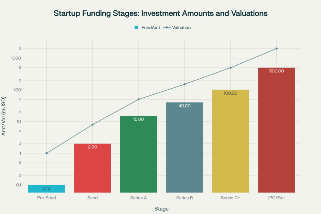 Startup funding progression showing typical investment amounts and company valuations across different funding stages