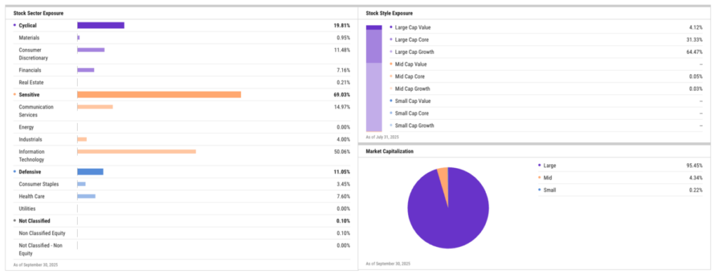 MPLY invests in large cap stocks with substantial exposure to information technology (YCharts).