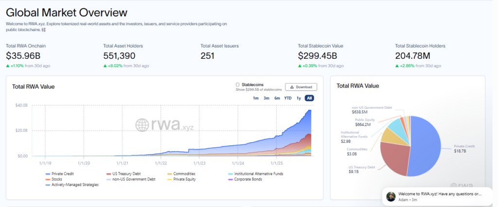 Dashboard visualizing the expanding RWA market—an essential area for crypto investors—featuring total on-chain value, asset holders, issuers, stablecoin activity, and a rising RWA value chart.
